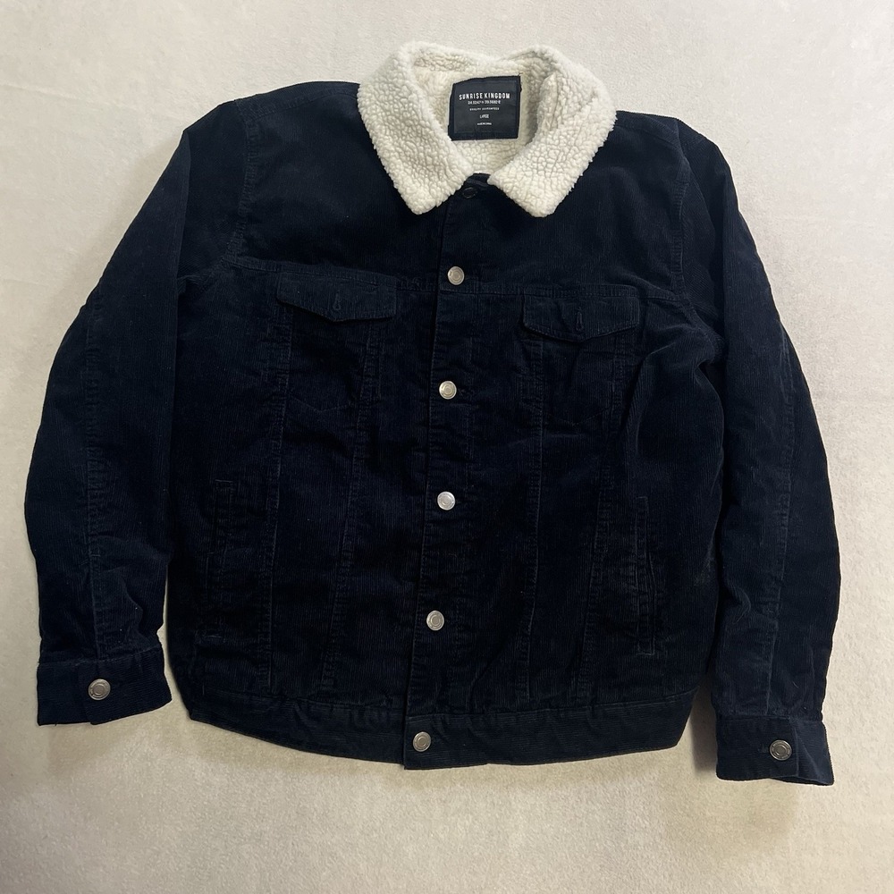 Corduroy Trucker Jacket Men's Large Sherpa Lined Blue Workwear Ranch Outdoors